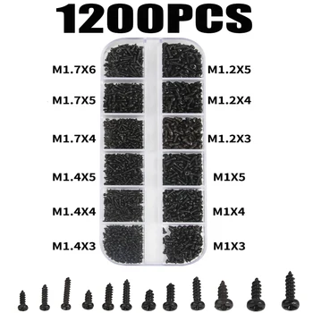 1200Pcs M1 M1.2 M1.4 M1.7 Mikro Brilles, Skrūves, Apaļa Galva, pašvītņgriezes Elektronisko Mazo Koka Skrūves Komplekts Sortiments
