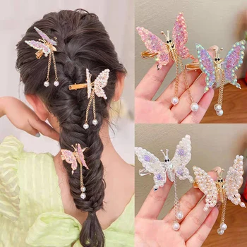 2gab Meitenes Matadatu trīsdimensiju Crystal Butterfly Matu Klipu, kas Peld ar Spārniem Pušķis Cepures Elegantā Perlamutra Rozā Cepures