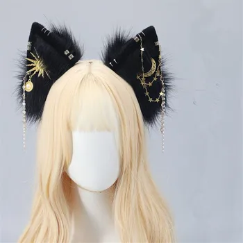 Anime Gothic Black Cat Lapsas Ausis, Mēness, Zvaigzne, Matu Stīpas, Plīša Headpiece Cosplay Party Tērpu Aksesuārus C1052