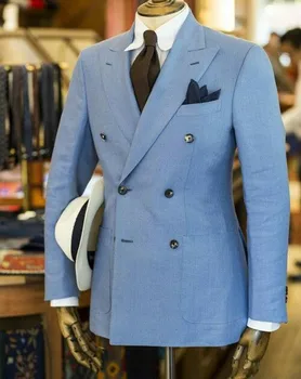 Blue Coat Elsas, Vīriešu Uzvalku 2 Gabali Pieguļoša Jaka Divrindu Maksimālā Atloks Formālās Valkāt Līgavainis, Labākais Cilvēks, Vīriešu Uzvalku Pasūtījuma Apģērbs