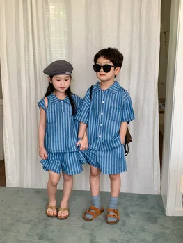 Bērnu Apģērbu Komplekti 2023 Vasaras korejas Zēnu un Meiteņu Džinsa auduma Uzvalks Modes Svītrainām Īsām Piedurknēm Šorti 2gab 2-8Years Bērniem Tērpiem
