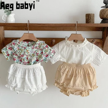 Bērnu Meiteņu Apģērbu Komplekti, korejiešu Ziedu Mežģīņu Topi ar Īsām Piedurknēm Top +Šorti 2gab Uzvalks Summer Infant Baby Meiteņu Kokvilnas Apģērbu