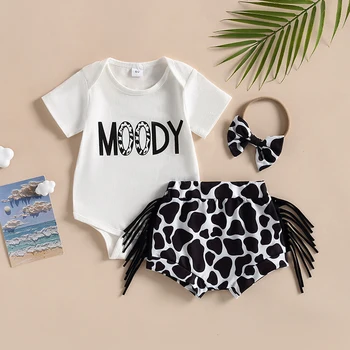 Citgeett Summer Infant Baby Meiteņu īsās bikses-Šorti Kopa ar Īsām Piedurknēm Burtiem Drukāt Romper Govs Modelis Bikses un Drēbes Hairband