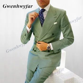 Gwenhwyfar Gress-zaļā Veļa Augstas Kvalitātes Kostīmu Homme Slim Fit 2 Gabali Modes Vīriešu Uzvalki Groomsmen Balli Uzvalku Kāzām
