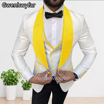 Gwenhwyfar Modes Dizaina Balts Vīriešu Uzvalku Kāzu Tērpu Līgavainis Dzeltena Atloks Modes Smokings Terno Masculino (Jaka+Bikses+Veste)