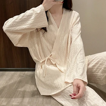 Japāņu Stila Pavasara tīrtoņa Krāsu Tīras Kokvilnas Kimono Pidžamu V-veida kakla Drukāšanas Plus Lieluma garām Piedurknēm Loungewear Sieviešu 2gab Sleepw