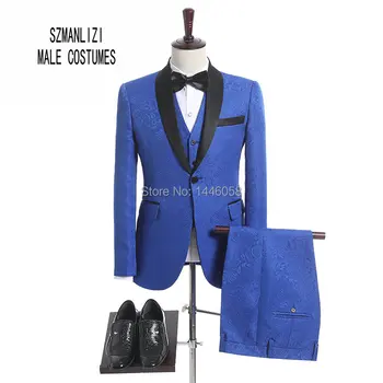 Pasūtījuma Izgatavotu Oficiālo Kostīmi Vīriešu 2018 Jaunāko Mētelis Elsas Dizainu Terno Slim Fit Kāzu Uzvalki Vīriešiem 3 Gabali Royal Blue Vīriešu Smokings