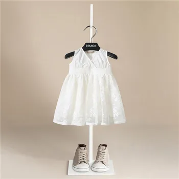 Vasaras Bērnu Apģērbu Diezgan Korejas Maz Meiteņu Kleitas Baltā Mežģīņu Princess Puse Kostīmu Vestidos Atpakaļ Lielo Loku Apģērbs Apģērbs