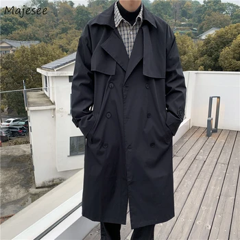 Vīrieši Tranšejā Pavasara, Rudens Garš, Brīvs Outwear Plus Izmērs M-3XL Dubultā Krūtīm, vienkrāsainu Windbreak Streetwear korejiešu Stilā, Moderns